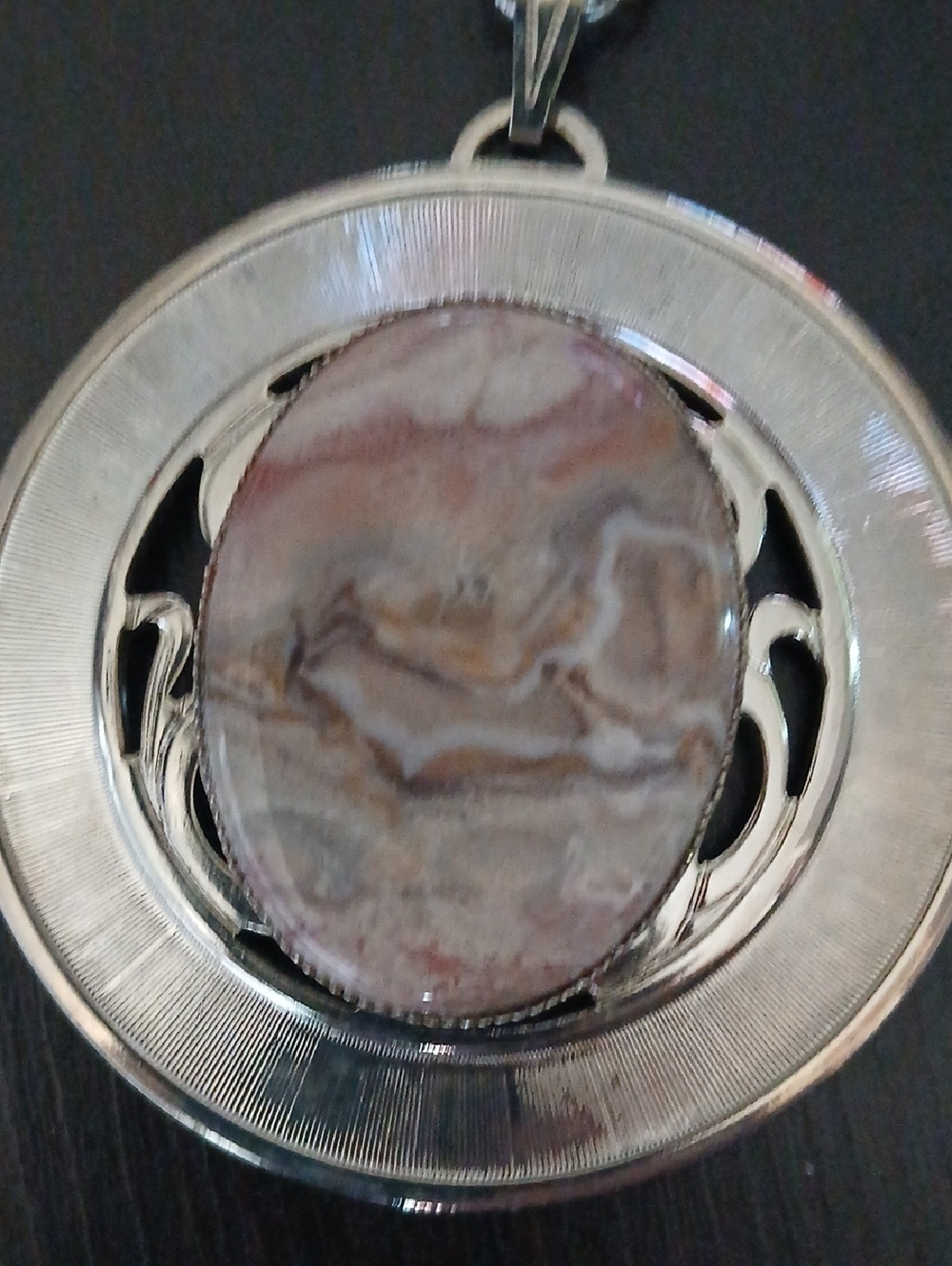 Silver Pendant Necklace with Marbled Pink and Cream Stone